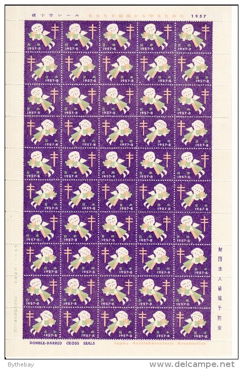 Japan 1957 Antituberculosis Seals Full Sheet Of 50 Boy And Girl As Angels - Erinnophilie
