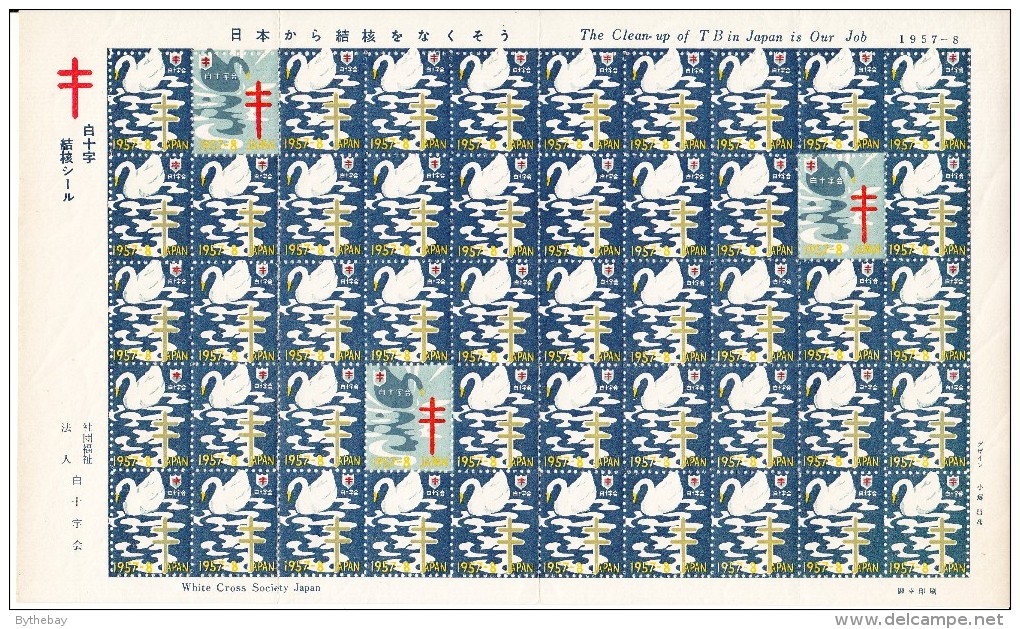 Japan 1957 Antituberculosis Seals Full Sheet Of 50 Swans - White Cross Society Of Japan - Erinnophilie