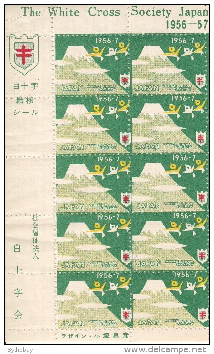 Japan 1956 Antituberculosis Seals Full Sheet Of 10 Birds Flying Over Mountain - White Cross Society Of Japan - Erinnophilie