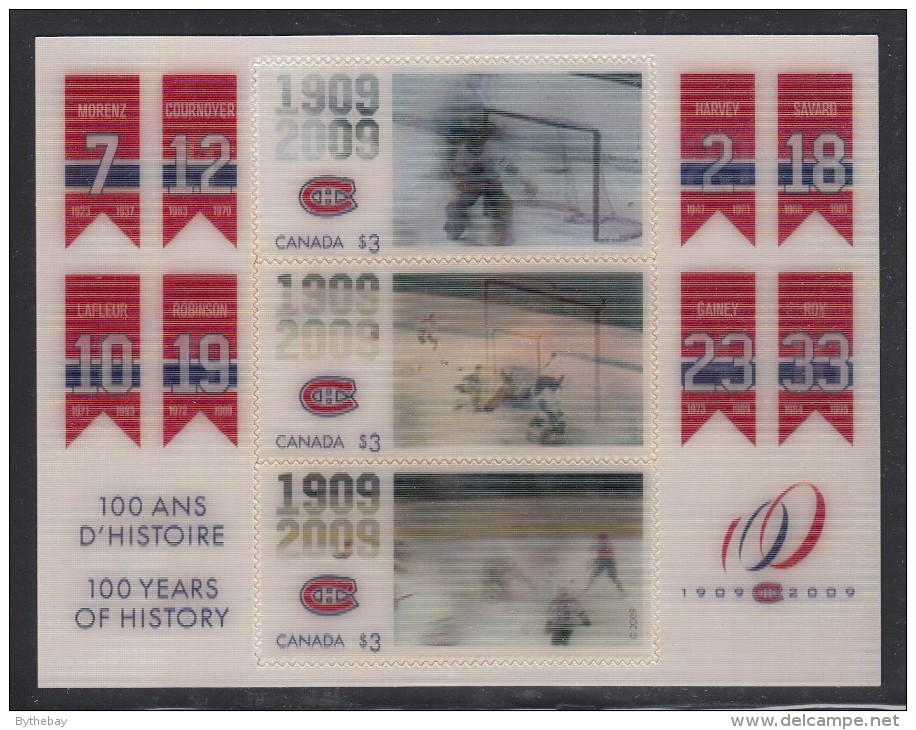 Canada MNH Scott #2340 Souvenir Sheet Of 3 $3 500th Goals Of Richard, Beliveau, LaFleur - Montreal Canadiens Centenary - Nuevos