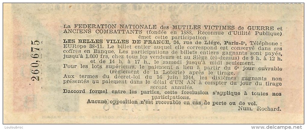 BILLET DE LOTERIE NATIONALE 1950 FEDERATION NATIONALE DES MUTILES - Billets De Loterie