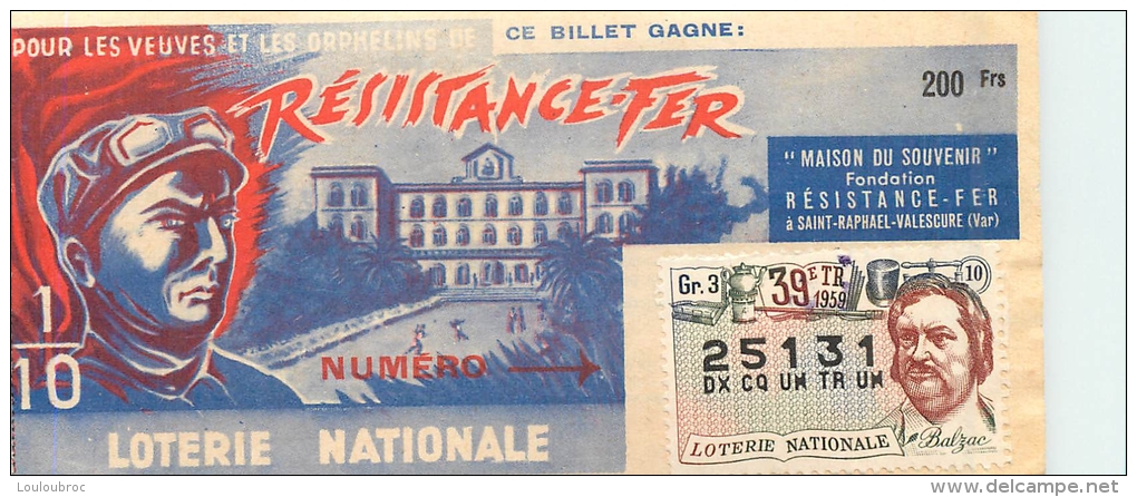 BILLET DE LOTERIE NATIONALE 1959 RESISTANCE FER - Billets De Loterie