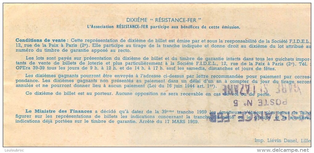 BILLET DE LOTERIE NATIONALE 1959 RESISTANCE FER - Billets De Loterie