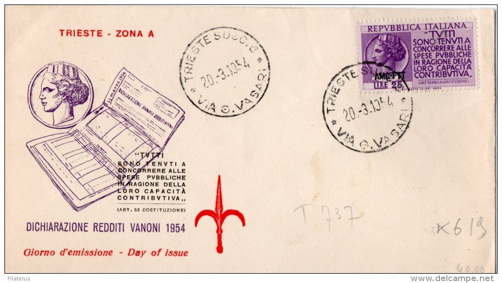 BUSTA POSTALE -I GIORNO-TRIESTE-ZONA A-20-3-1954-LIRE 25-AMC-FTT-DICHIARAZIONE REDDITI VANONI 1954 - Usati