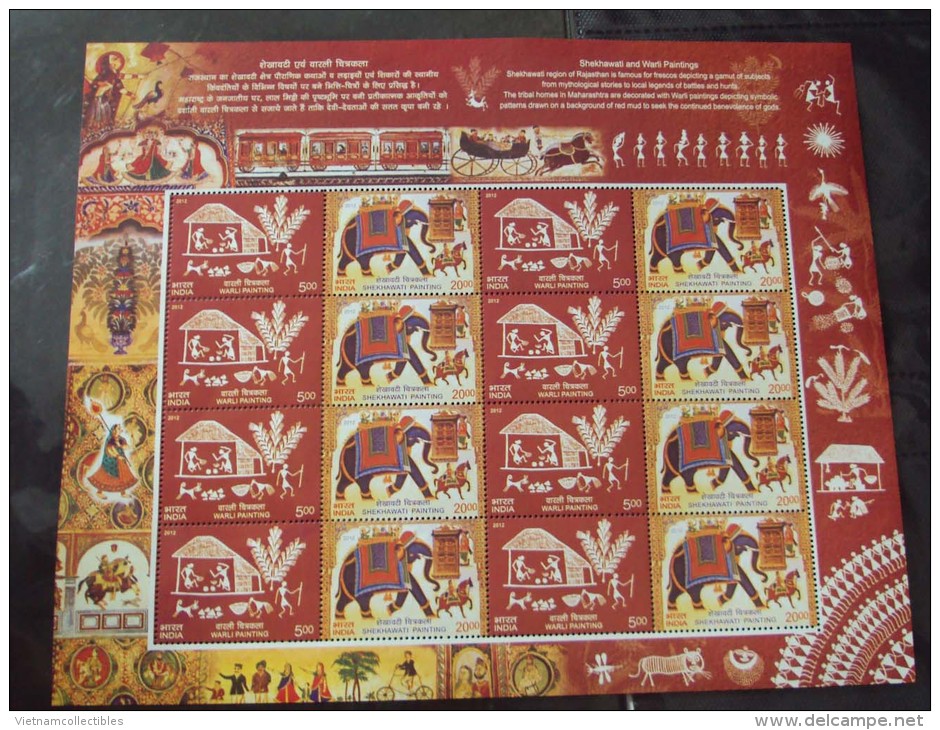 India MNH Sheetlet 2012 : SHEKHAWATI AND WARLI PAINTINGS / Traditional Varli Painting / Elephant / Dog /Horse - Unused Stamps