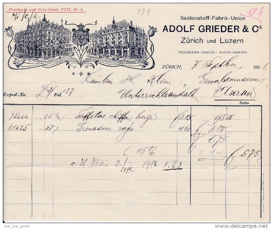 RN ZH ZÜRICH 1906-9-7 Adolf Grieder & Co Seidenstoff-Fabrik-Union - Zwitserland