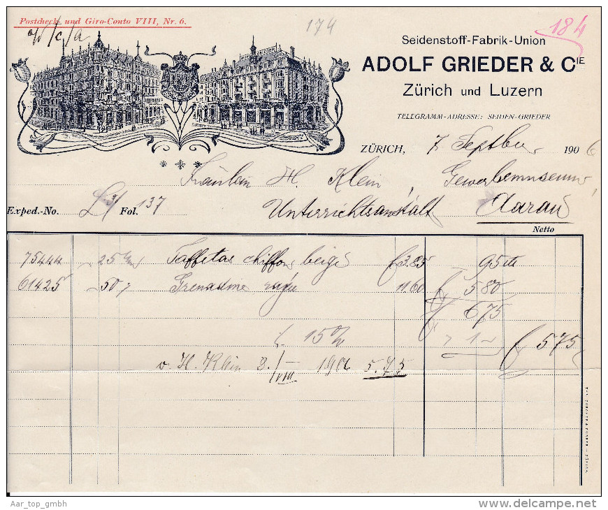 RN ZH ZÜRICH 1906-9-7 Adolf Grieder & Co Seidenstoff-Fabrik-Union - Suiza