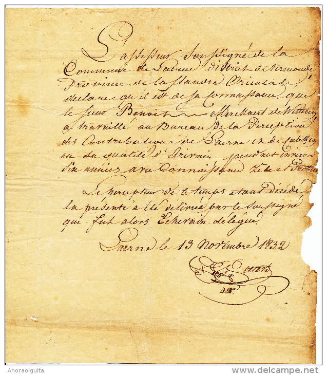 Certificat De Travail Aux Contributions ( Six Ans) De Benoit MERCKAERT , Par L'Assesseur De LAARNE En 1832  --  22/475 - Documents Historiques