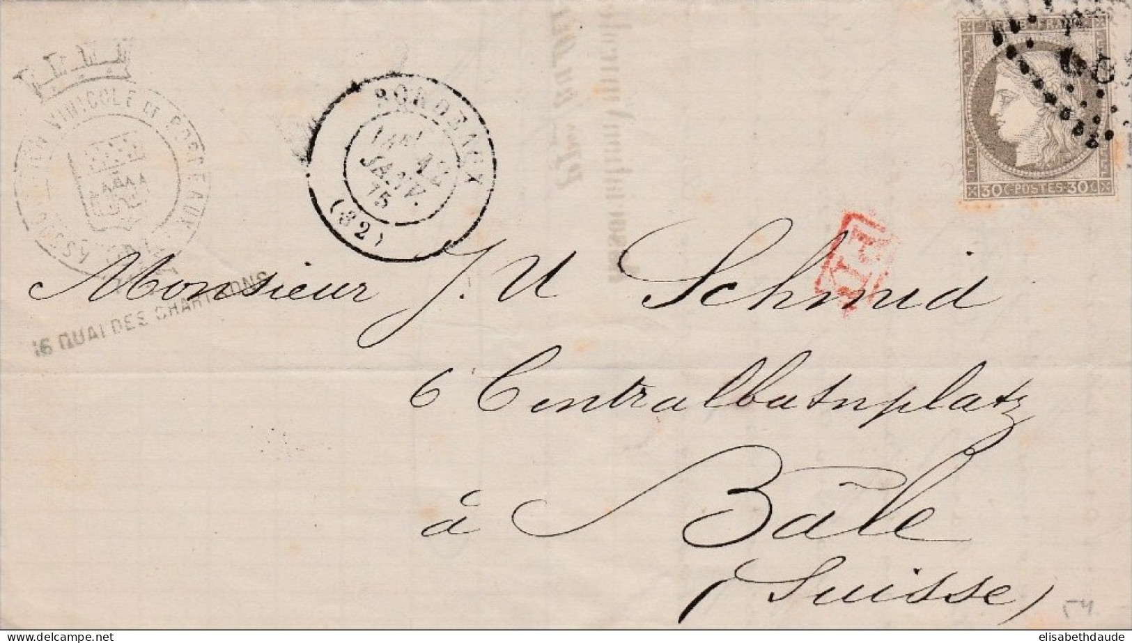 1875 - 30c CERES SEUL Sur LETTRE De BORDEAUX Pour BALE (SUISSE) - COTE MAURY = 115 EUROS - 1871-1875 Cérès