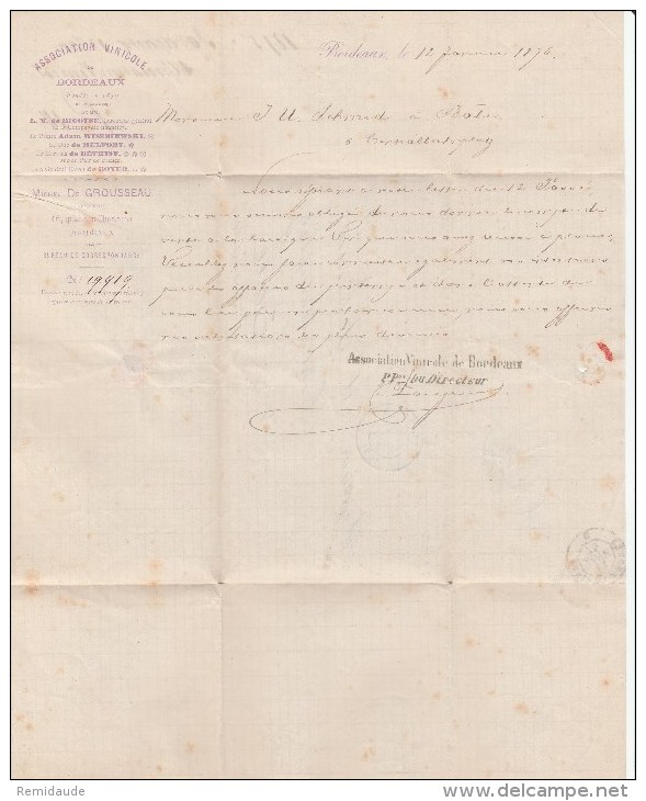 1875 - 30c CERES SEUL Sur LETTRE De BORDEAUX Pour BALE (SUISSE) - COTE MAURY = 115 EUROS - 1871-1875 Cérès