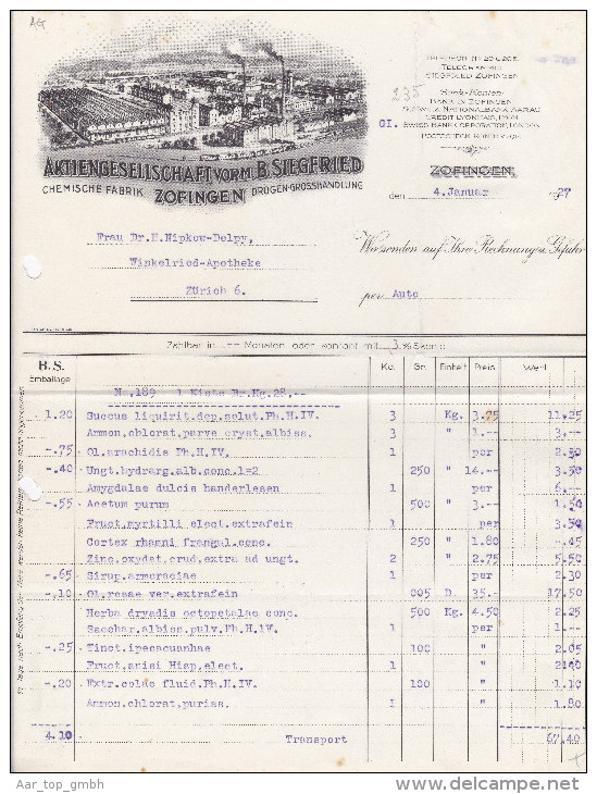 RN AG ZOFINGEN 1927-1-4 B. Siegfried Chemische Fabrik Drogen-Grosshandlung - Suisse