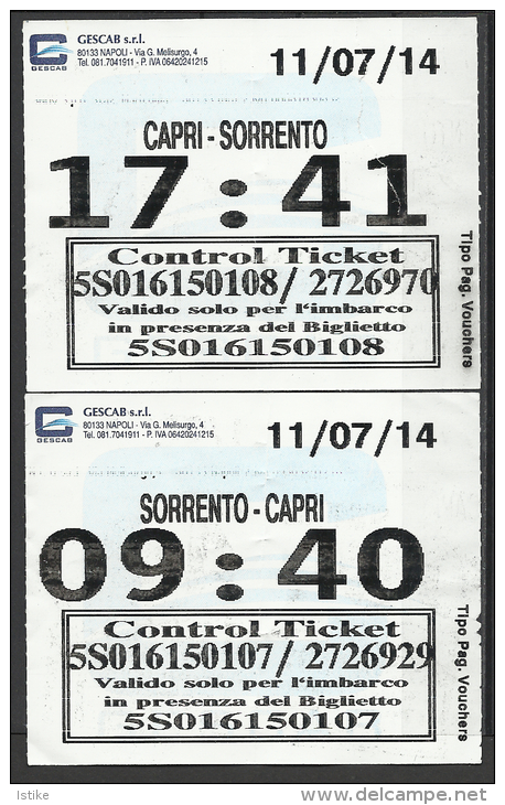 Italy,  Sorrento-Capri And Capri- Sorrento, Ferry Tickets, 2014. - Europa