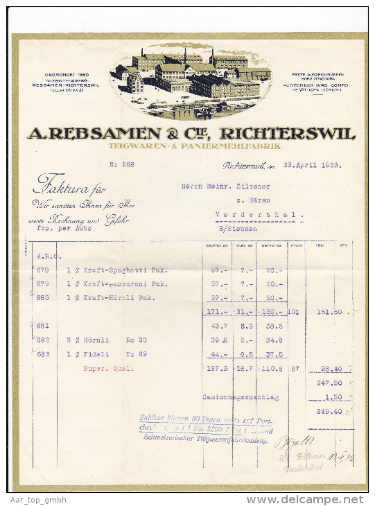 RN ZH RICHTERSWIL 1923-4-23 A. Rebsamen & Cie Teigwaren & Paniermhl Fabrik - Switzerland