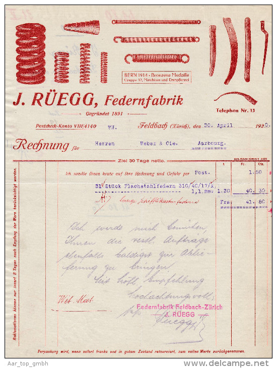RN ZH FELDBACH 1920-4-30 J. Rüegg Federn Fabrik - Suiza