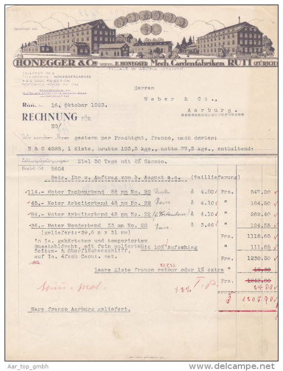 RN ZH RÜTI 1923-10-16 Honneger & Cie Mechanische Cardenfabrik - Schweiz