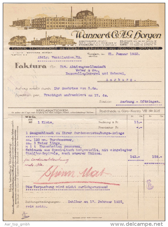 RN ZH HORGEN 1922-1-22 Wanner & Co Fabrik Technischer Betriebs-Utensilien - Schweiz