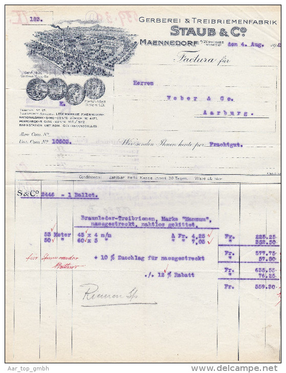 RN ZH MÄNNEDORF 1920-8-4 Staub & Cie Gerberei Treibriemen - Zwitserland