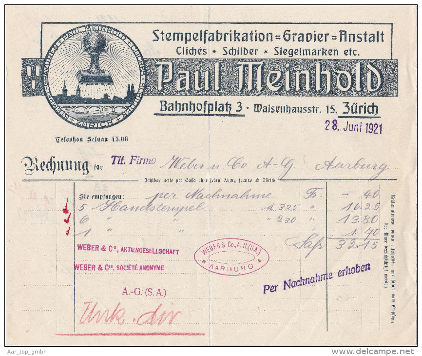 RN ZH ZÜRICH 1921-6-28 Paul Meinhold Stempel Gravier Anstalt - Suisse