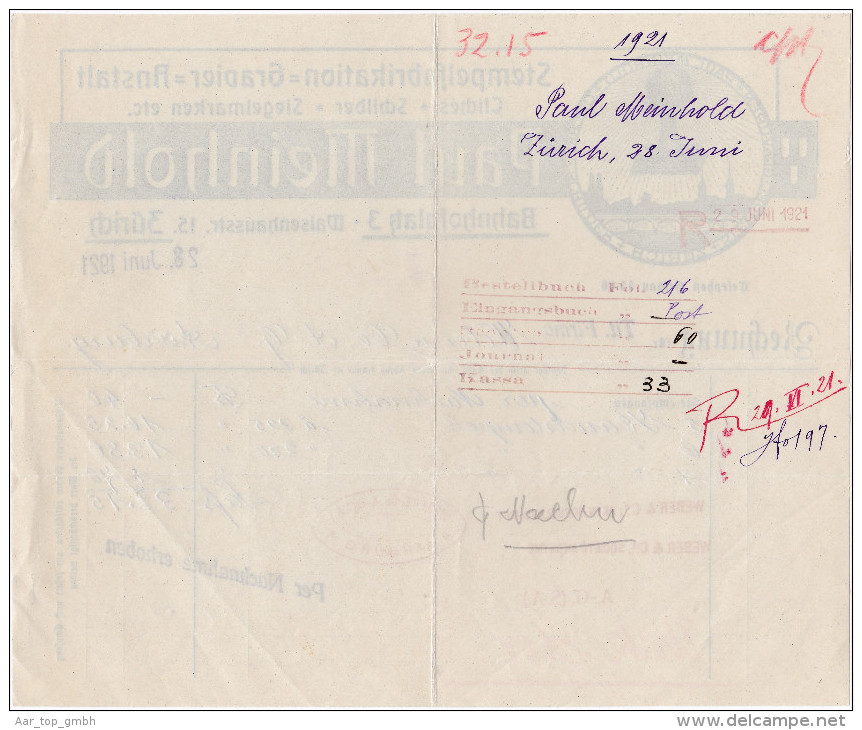 RN ZH ZÜRICH 1921-6-28 Paul Meinhold Stempel Gravier Anstalt - Zwitserland