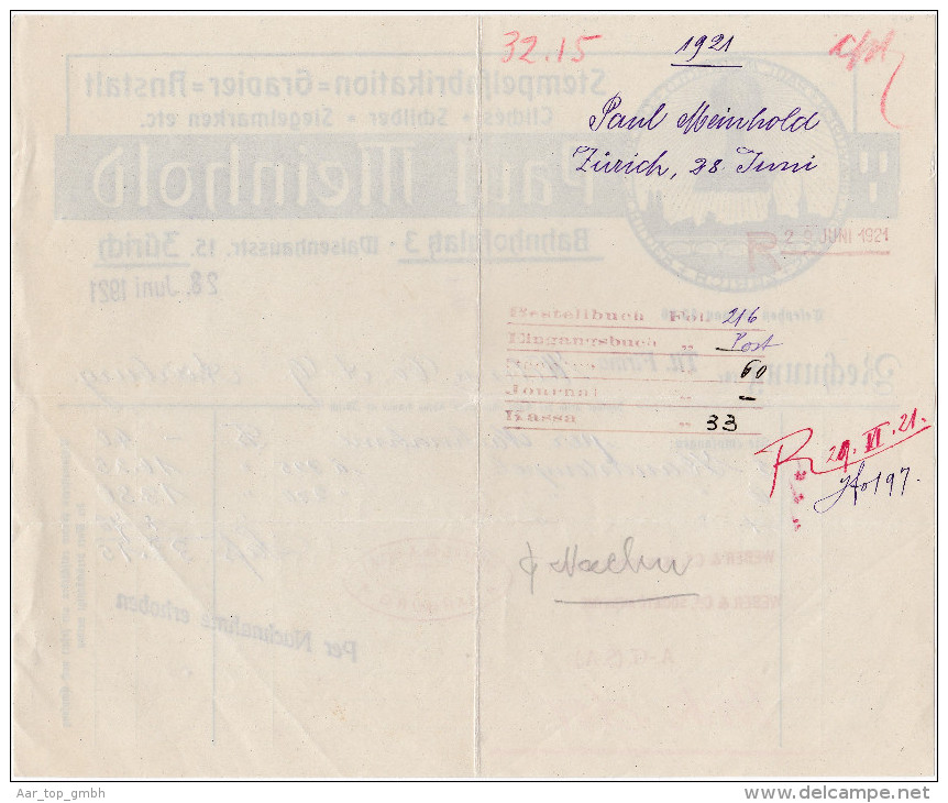 RN ZH ZÜRICH 1921-6-28 Paul Meinhold Stempel Gravier Anstalt - Suisse