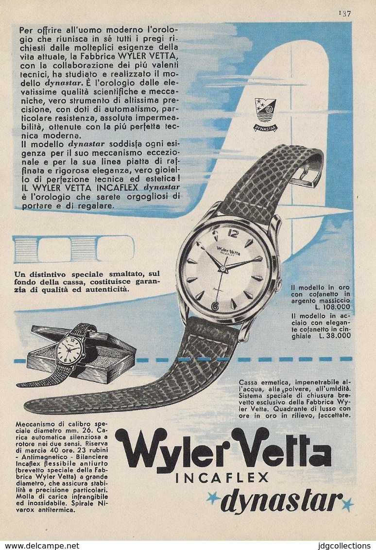 # WYLER VETTA INCAFLEX OROLOGI HORLOGERIE 1950 Italy Advert Publicitè Reklame Orologio Montre Uhr Reloj Relojo Watch - Montres Publicitaires