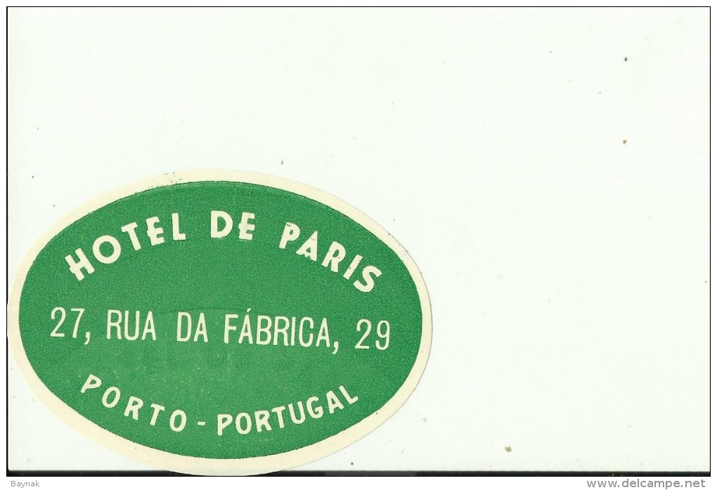 HOTEL LABEL   ---    PORTO, PORTUGAL  --   HOTEL DE PARIS - Hotelaufkleber