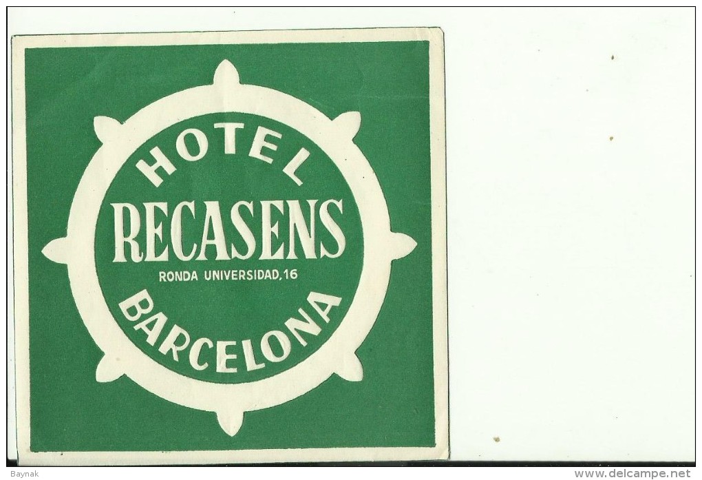 HOTEL LABEL   ---    BARCELONA,  SPAIN  --   HOTEL RECASENS - Hotelaufkleber