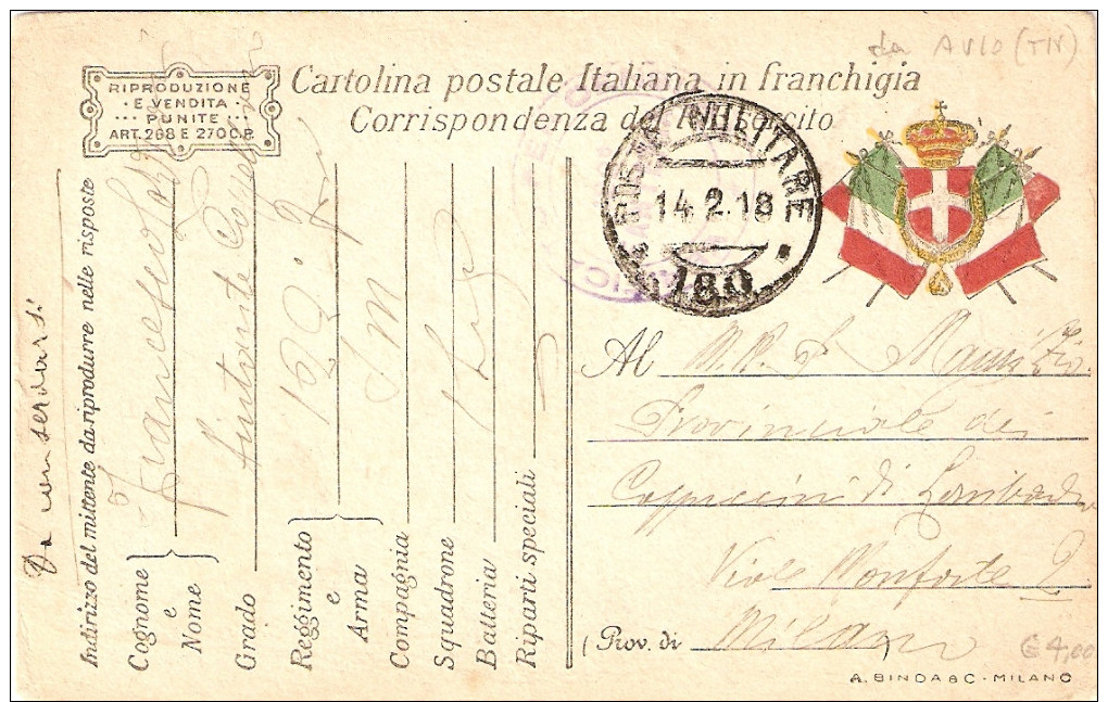 P.M.1915/1923-FRANCHIGIA P.M. 180 - Posta Militare (PM)