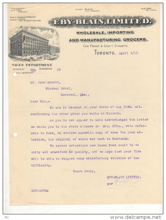 Toronto - Eby-Blain , Limited - Wholesale , Importing And Manufacturing Grocers - 1912 - Kanada