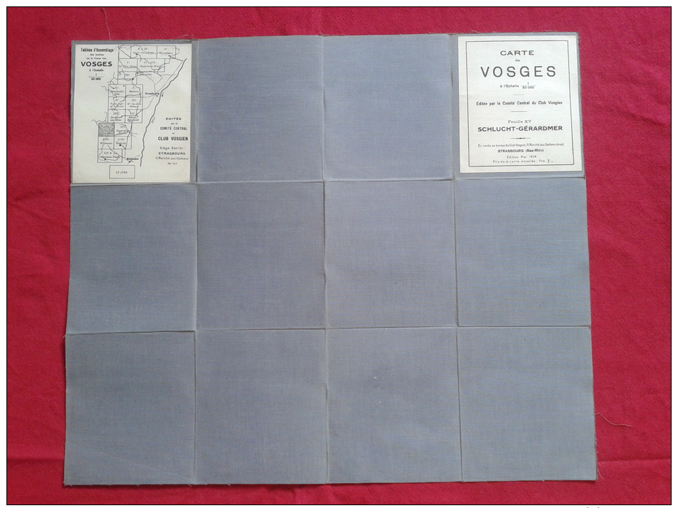 CARTE ENTOILÉE DES VOSGES , ÉDITÉE PAR LE CLUB VOSGIEN EN 1928. SCHLUCHT- GÉRARDMER. - Geographical Maps