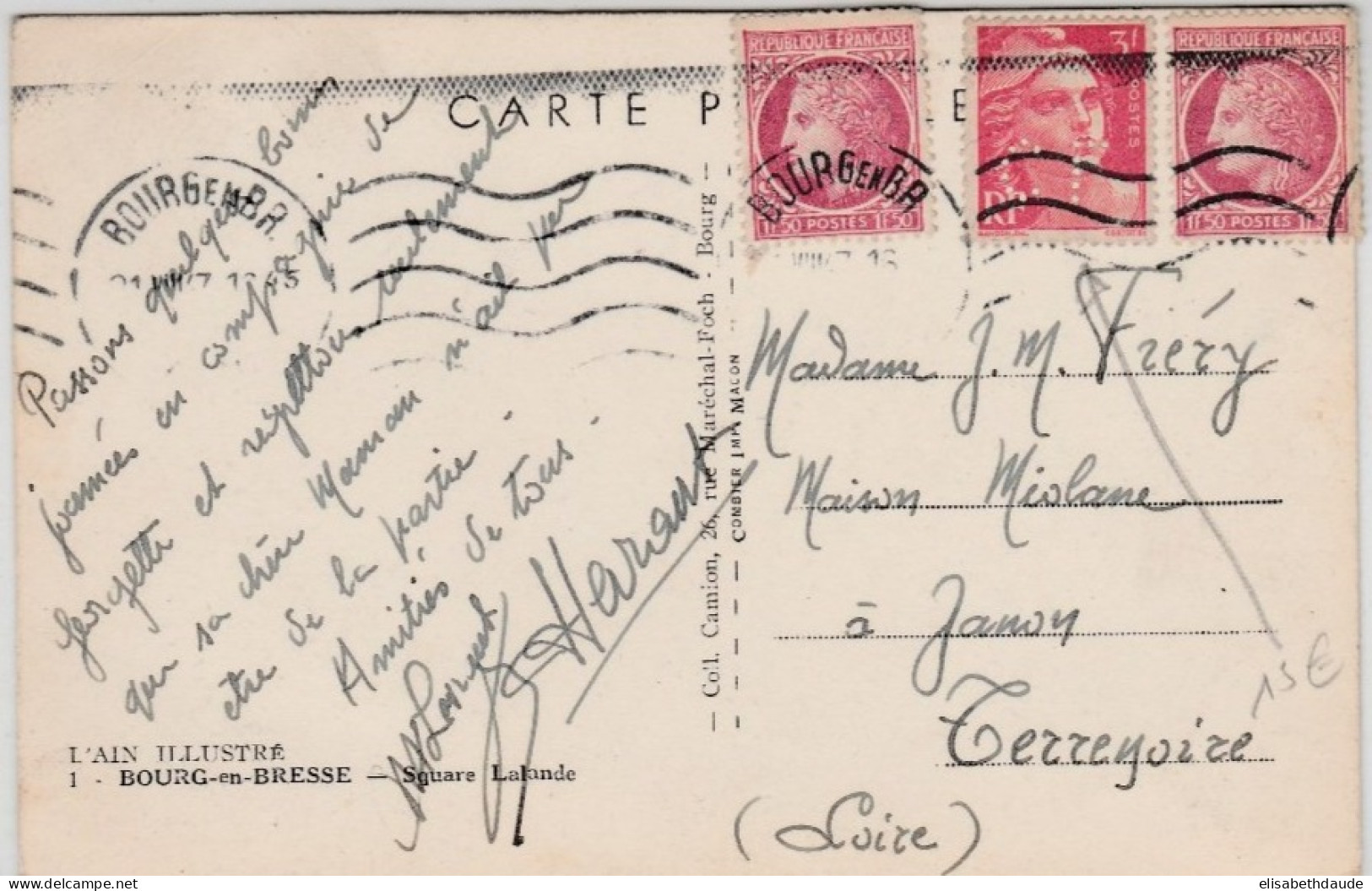 1947 - GANDON PERFORE PERFIN C.L (CREDIT LYONNAIS) Sur CP PRIVEE ! De BOURG EN BRESSE (AIN) - Lettres & Documents