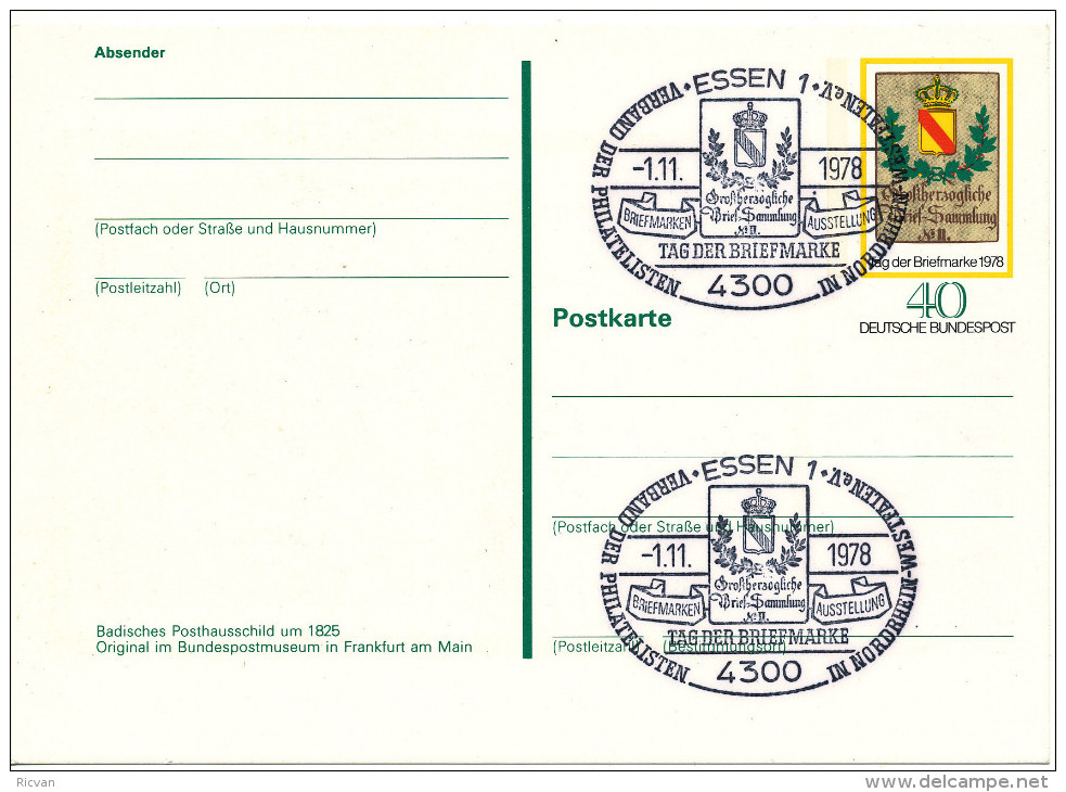 1978 Postkarte P125 "Tag Der Briefmarke"rug"Weltbewegu Ng Philatelie"  FDC Stempel "ESSEN1" Zie Scan(s) - Cartes Postales - Oblitérées
