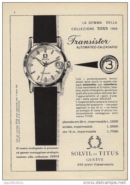 # SOLVIL ET TITUS GENEVE SUISSE HORLOGERIE 1950 Italy Advert Publicitè Reklame Orologio Montre Uhr Reloj Relojo Watch - Relojes Publicitarios