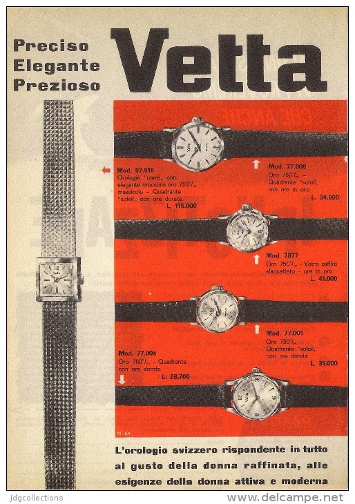 # VETTA OROLOGI HORLOGERIE 1950 Italy Advert Publicitè Reklame Orologio Montre Uhr Reloj Relojo Watch - Advertisement Watches