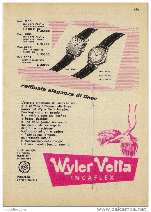 # WYLER VETTA INCAFLEX OROLOGI HORLOGERIE 1950 Italy Advert Publicitè Reklame Orologio Montre Uhr Reloj Relojo Watch - Orologi Pubblicitari