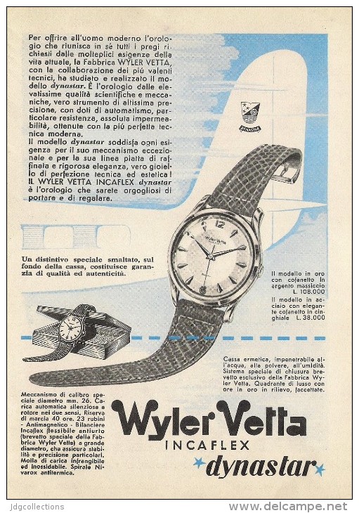 # WYLER VETTA INCAFLEX OROLOGI HORLOGERIE 1950 Italy Advert Publicitè Reklame Orologio Montre Uhr Reloj Relojo Watch - Advertisement Watches