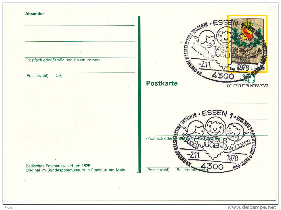 1978 Postkarte P125 "Tag Der Briefmarke" Rug "Weltbewegung Philatelie" Tag Der Jugend 2.11.1978  "ESSEN1" Zie Scan(s) - Postkarten - Gebraucht