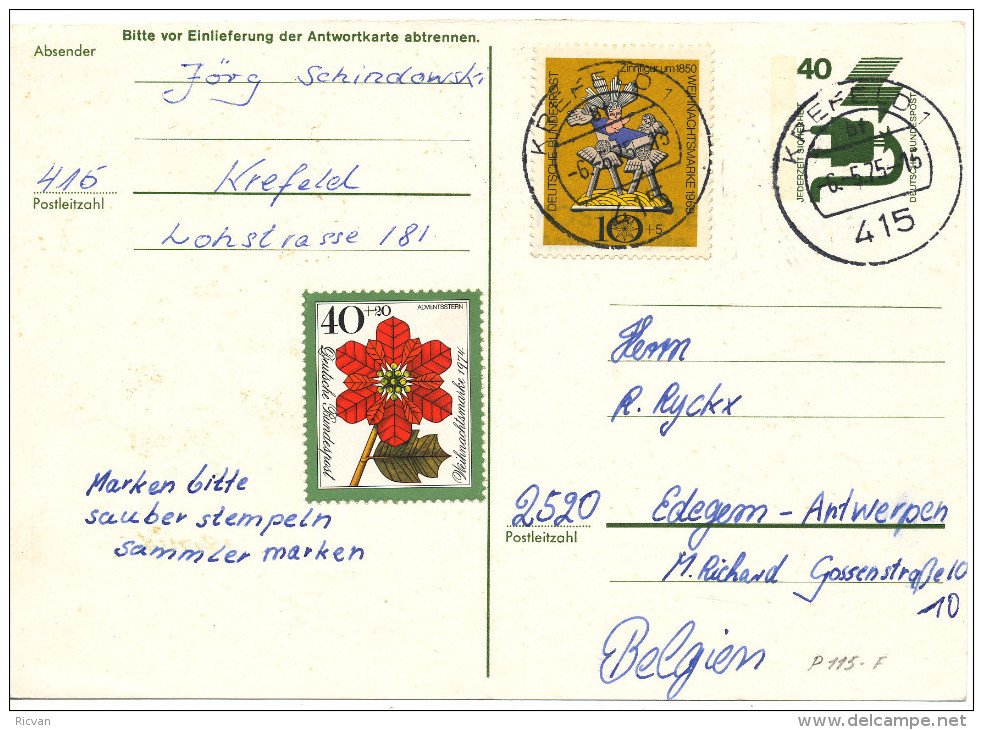 1975 Postkarte P115-F  Met PZ610+824" Van Krefeld 1 Naar Hoboken/Belgie Zie Scan(s) - Cartoline - Usati