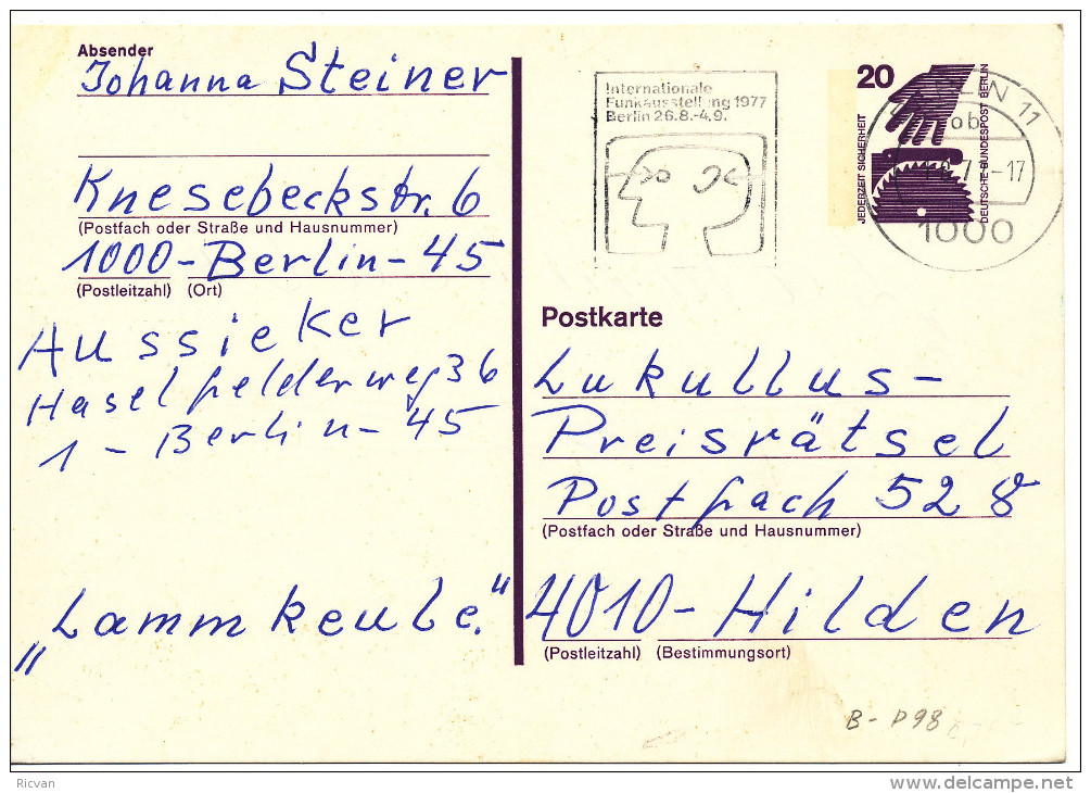 1977 Postkarte P98 Van Berlin 11 Naar Hilden  Zie Scan(s) - Cartes Postales - Oblitérées