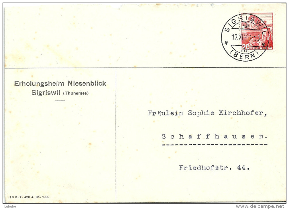 Motiv Brief  "Erholungsheim Niesenblick, Sigriswil (Thunersee)"              1940 - Brieven En Documenten