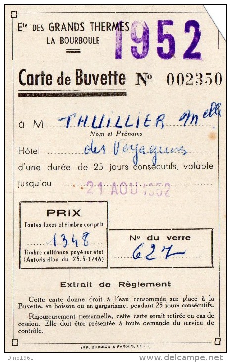 VP1229 - Ets Des Grands Thermes - LA  BOURBOULE  - Carte De Buvette - Otros & Sin Clasificación