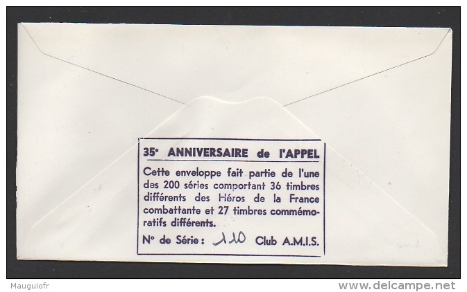 DF / GUERRE 1939-45 / 35e ANNIV. DE L' APPEL / 26 VASSIEUX EN VERCORS / HOMMAGE AUX FRANÇAIS LIBRE ET .../ TP 1103 - Militaria