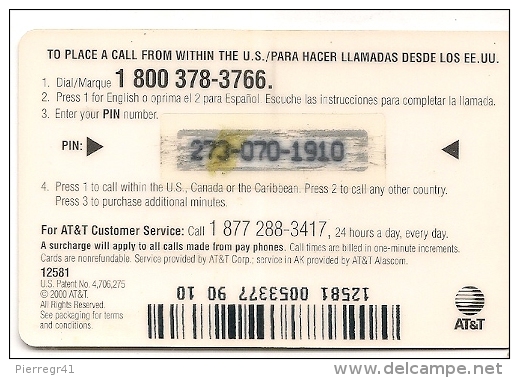 CARTE PREPAYEE-USA-AT&T-2000-15mn-PERSONNAGES TELEPHONANT-T BE-RARE - AT&T