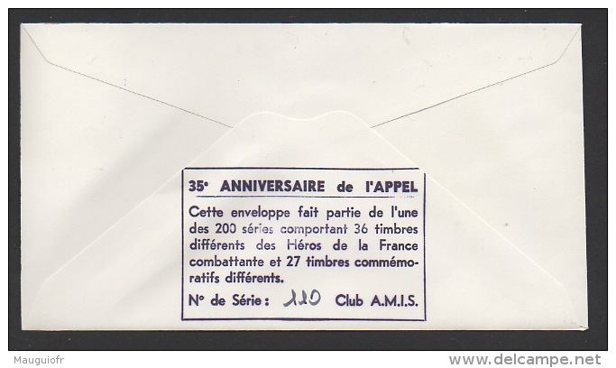 DF / GUERRE 1939-45 / 35e ANNIV. DE L' APPEL / 26 VASSIEUX EN VERCORS / HOMMAGE AUX FRANÇAIS LIBRE ET .../ TP 1289 - Militaria