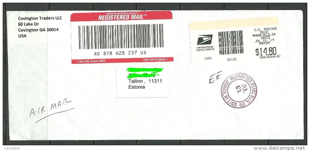 USA 2014 Registered Cover Military Reg Cancel Mansfield NY To ESTONIA Estland Estonie - 2011-...