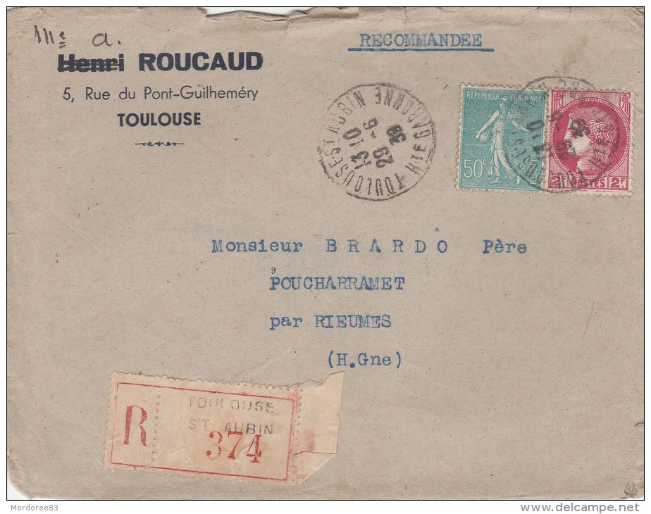 SEMEUSE 50C BLEU +CERES 2F (cadre Inf Brise) SUR ENV REC TOULOUSE ST AUBIN 29/6/39 POUR RIEUMES - 1921-1960: Période Moderne