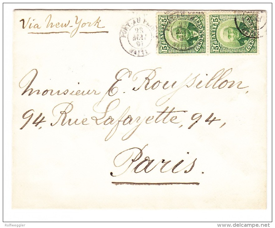 Brief Port Au Prince 23.5.1891 Mit Paar Grün Scott#24 Nach Paris Transit-Stempel New-York - Haïti