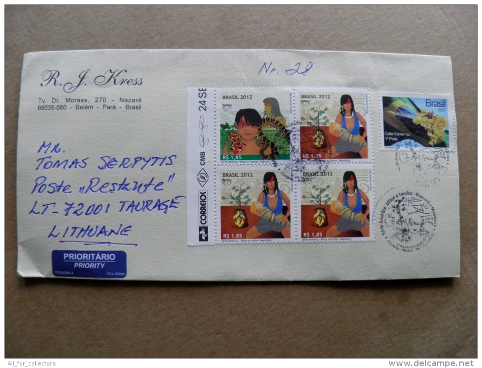 Cover Sent From Brazil To Lithuania On 2013 Special Cancel Fdc Woman Snake Flag  Tree Myths Legends - Briefe U. Dokumente