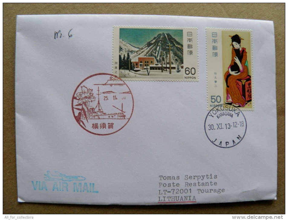 Cover Sent From Japan To Lithuania On 2013 Mountain Ship Flower Orchid Special Cancel - Briefe U. Dokumente