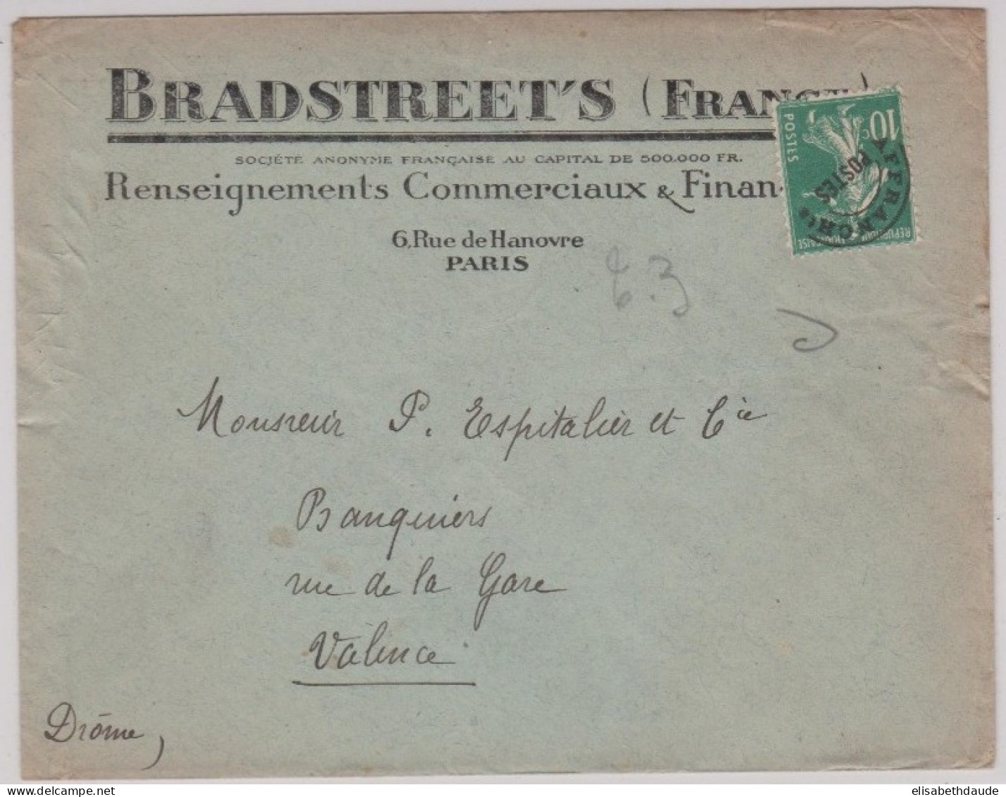 ENVELOPPE COMMERCIALE PRE-OBLITÉRÉE  (BRADSTREET'S) De PARIS - 1906-38 Säerin, Untergrund Glatt